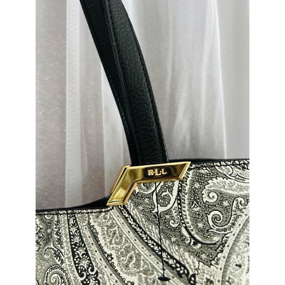 Lauren Ralph Lauren Acadia Paisley Tote White Black Faux Leather Easy to Clean - Picture 6 of 13